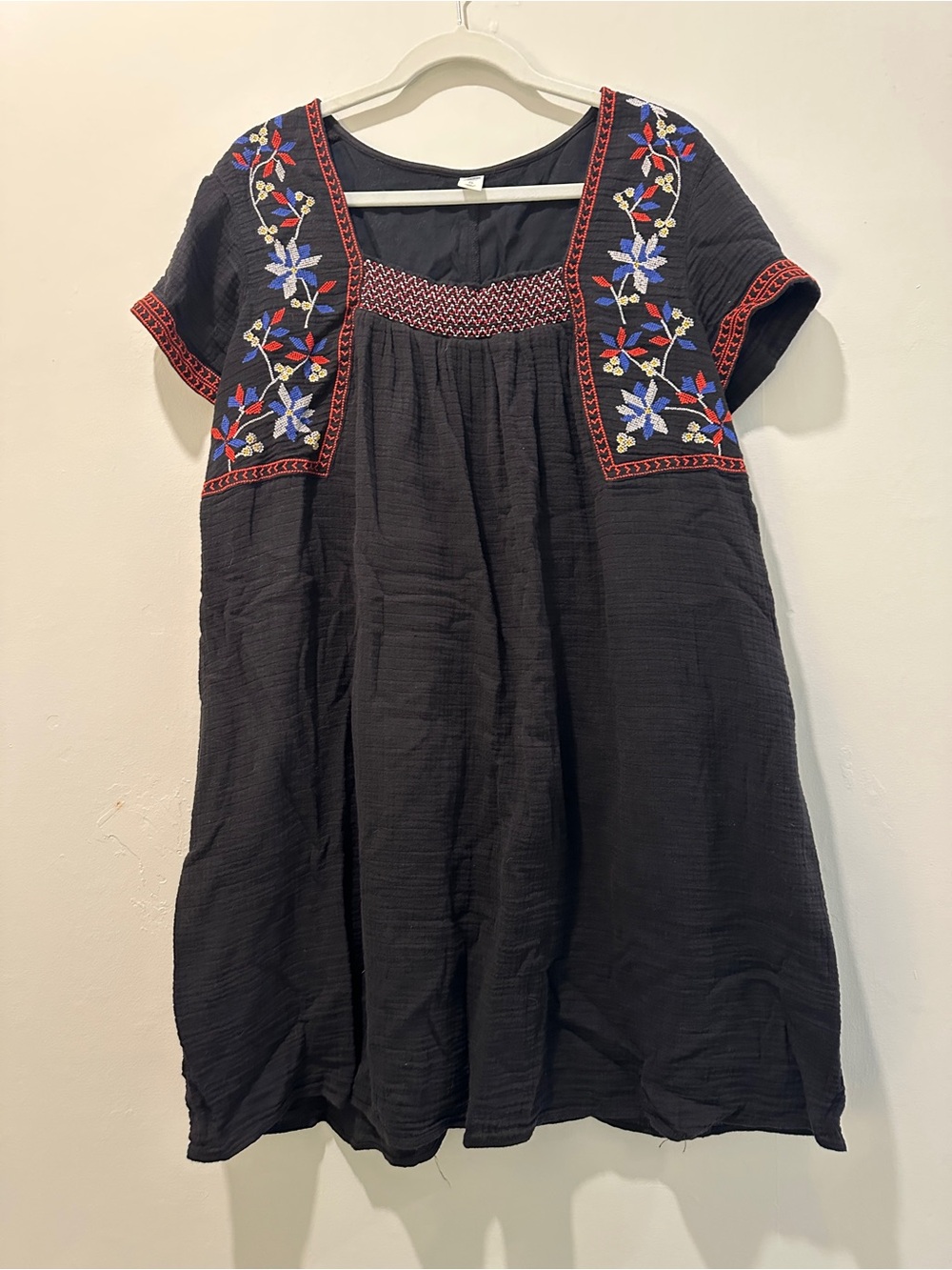 Black Dress with Red and White Embroidered Yoke